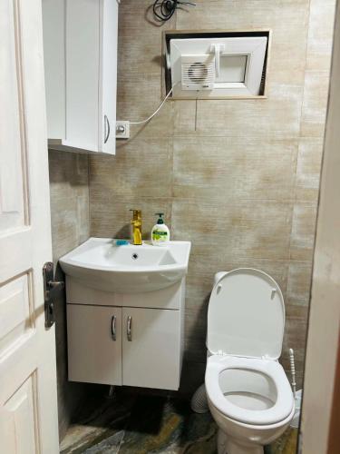 a bathroom with a white toilet and a sink at Gallery in Tsʼageri
