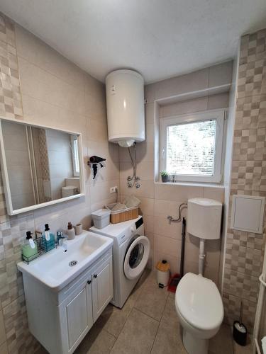 a bathroom with a sink and a washing machine at Studio apartment Cascada in Plitvička Jezera