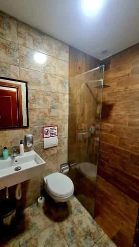 a bathroom with a toilet and a sink and a shower at 4 Rooms in Gjirokastër