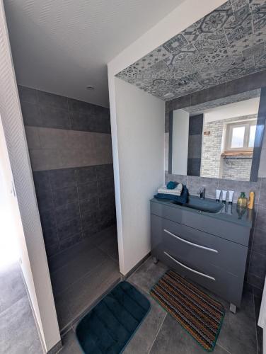a bathroom with a sink and a shower at La cascade de Grignon - Appartement - Pizzeria - Parking Vélos - Room Service in Grignon