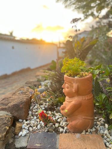 a statue of a head with a plant in a garden at Cabaña Los Colibries in Barichara