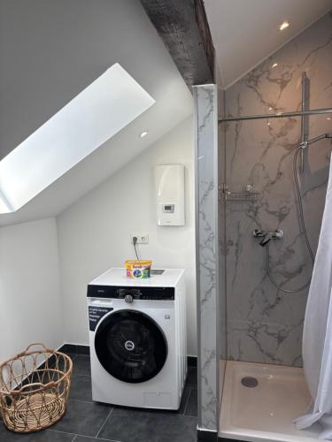 a bathroom with a washing machine and a shower at Vilseck Stay - Studio Suite in Vilseck