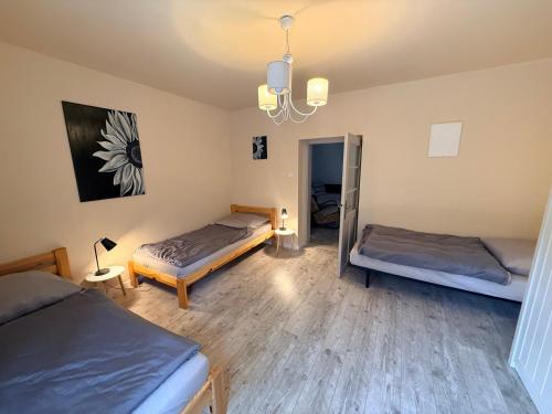 a room with two beds and a chandelier at Ubytovanie Lišov 3 - Vidiecky dom in Lišov