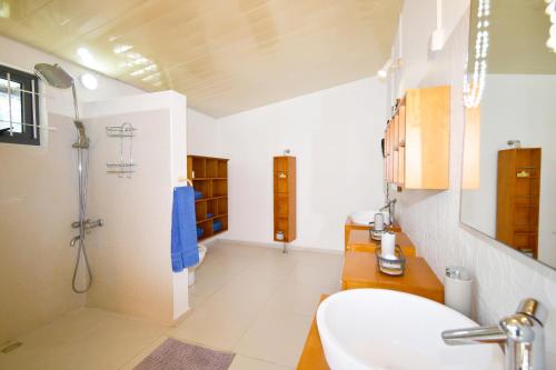 a bathroom with a sink and a shower at Villa Antema in Riambel