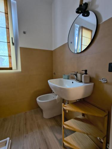 a bathroom with a sink and a toilet and a mirror at Agriturismo L'Olivastro in Pollutri