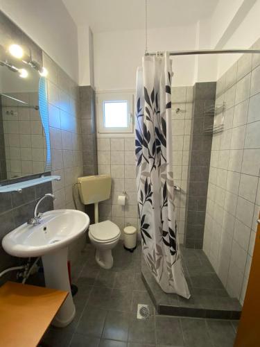 a bathroom with a sink and a toilet and a shower at Olyvia in Plaka Litochorou