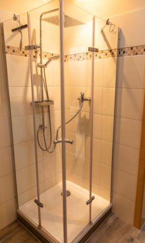 a shower with a glass door in a bathroom at Ferienwohnung Doria in Windeck