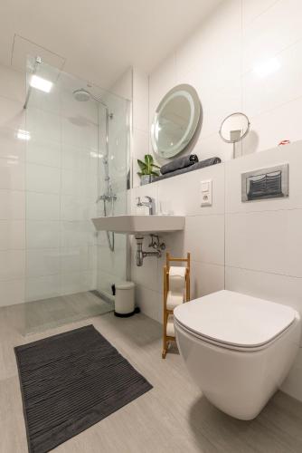 a bathroom with a toilet and a sink and a mirror at Industrial Apartment ZERO in Bratislava