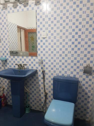 a bathroom with a blue toilet and a sink at Calm Cottege in Gampaha