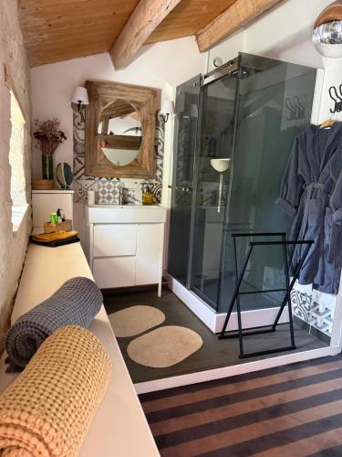 a bathroom with a glass shower and a sink at Le loft chambre et salon climatisés in Croix-Chapeau