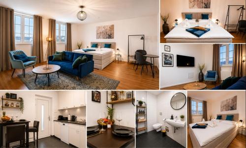 a collage of photos of a bedroom and a living room at Schängel Chic 19 in Koblenz