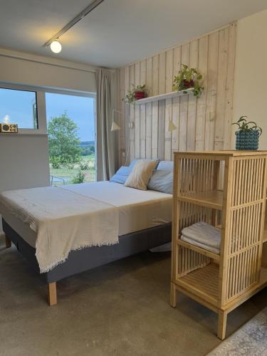 ein Schlafzimmer mit einem großen Bett und einem Fenster in der Unterkunft Homemade Studio in Liebshausen