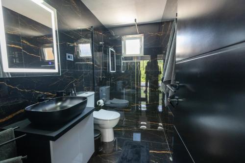 a black bathroom with a sink and a toilet at Aria in Cetinje