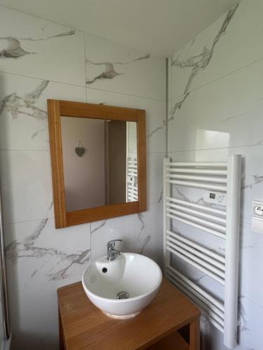 a bathroom with a sink and a mirror at Gîte Prat in Arette