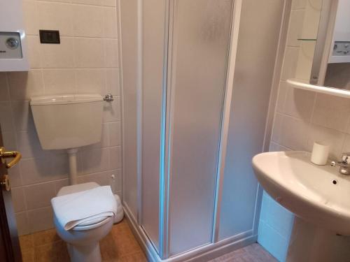 a bathroom with a shower and a toilet and a sink at Mulinaccio Appartamenti in Pievepelago