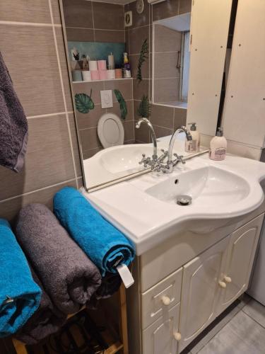 a bathroom with a sink and a mirror at Joli rez de jardin in La Seyne-sur-Mer