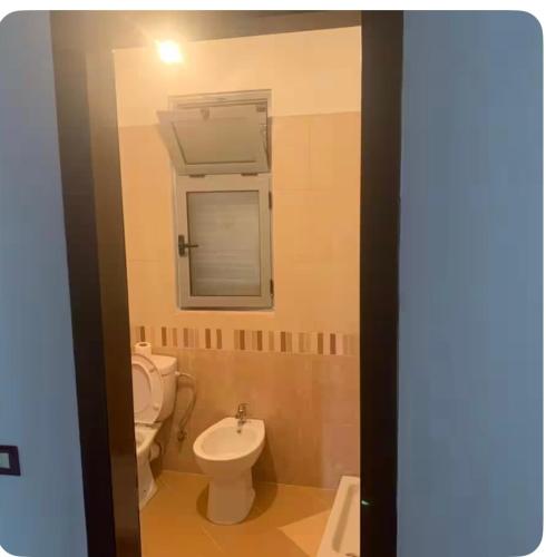 a bathroom with a toilet and a sink and a mirror at Adriatic Pearl Apartaments in Lezhë