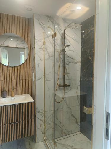 a bathroom with a shower and a sink at Apartament Oliwia in Grywałd