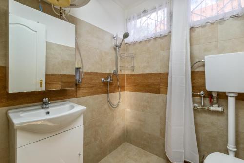 a bathroom with a sink and a shower at Csendliget Apartman in Dunavarsány