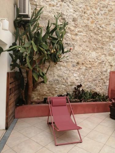 a pink chair sitting in front of a plant at Au coeur de Leucate in Leucate