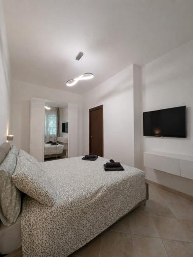 a bedroom with a bed and a flat screen tv at Campesio Apartament in Piacenza