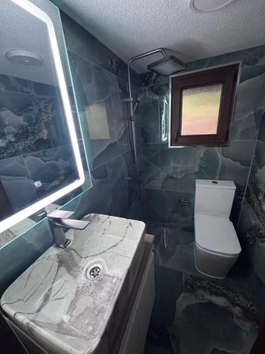 a bathroom with a sink and a toilet at Flori's House in Valbonë