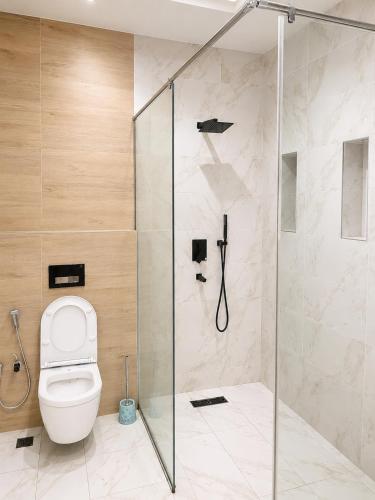 a bathroom with a shower and a toilet at Nathivian Apartment in Mobushipe