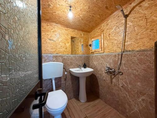 a bathroom with a toilet and a sink and a shower at Strofka in Maliq