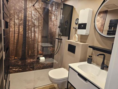 a bathroom with a shower and a toilet and a sink at WOLL Forest in Schmallenberg