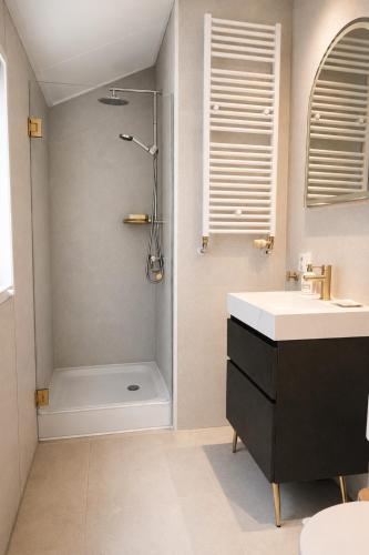 ein Badezimmer mit Dusche und Waschbecken in der Unterkunft Chalet Descansar op de Veluwe in Beekbergen