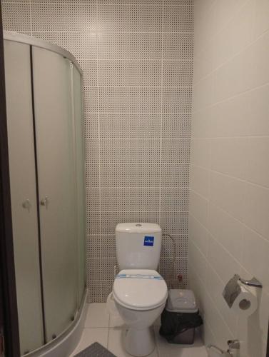 a bathroom with a toilet and a glass shower at Potemkin view suites in Odesa