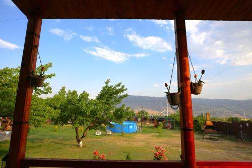 a view of a yard from a window with potted plants at Noravank L-and-L in Aghavnadzor