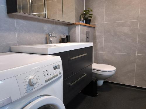 a bathroom with a sink and a washing machine at Modern 1BR City Centre Apt - Sleeps 4 in Otta
