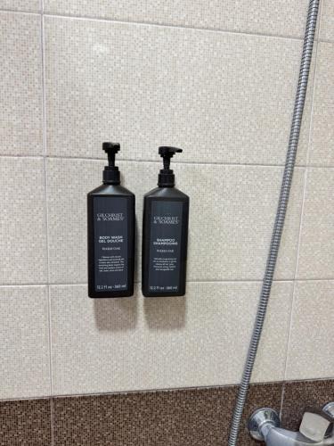 two bottles ofodorizers on the wall of a bathroom at Twins Hotel in Gonio