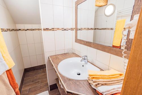 a bathroom with a sink and a mirror at Minzlhof in Ramsau am Dachstein