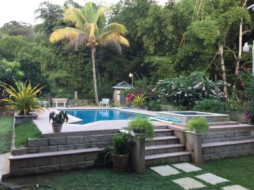a swimming pool with a palm tree in a yard at Garden View in Guarata