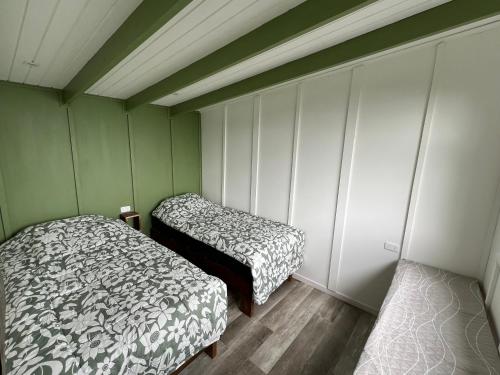two beds in a room with green walls at Cabaña Puelo-Cochamó Tiny house in Sotomó