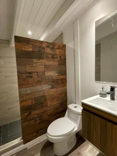 a bathroom with a white toilet and a wooden wall at Cabaña Puelo-Cochamó Tiny house in Sotomó