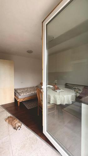 a view of a room with a bed and a window at Apartment Volk Turjaški in Gabrovka