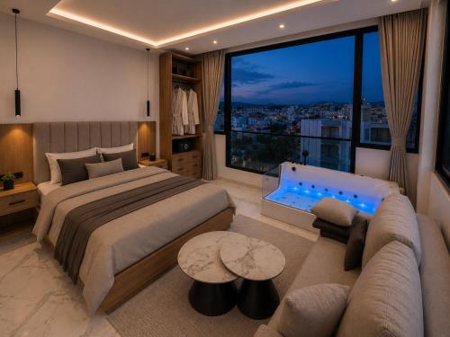 a bedroom with a large bed and a large window at Rooftop panoramic jacuzzi room in Ksamil