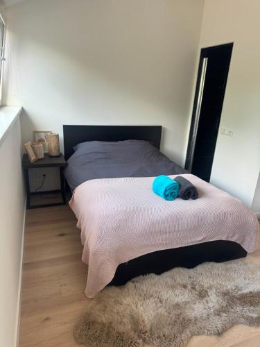 a bedroom with a bed with a pink blanket at Modern Design Apartment with Balcon in Nijmegen