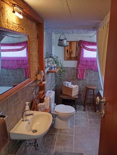 ein Badezimmer mit Waschbecken, Toilette und Spiegel in der Unterkunft Kokkooning in Kokóni