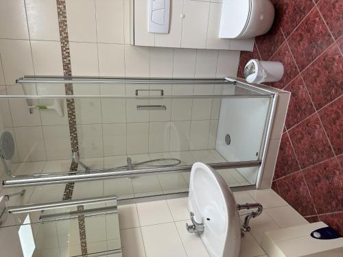 a bathroom with a toilet and a sink and a mirror at Ferienhaus Katja in Göhren