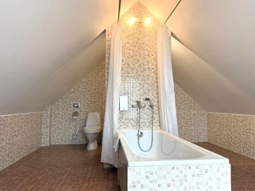 a attic bathroom with a tub and a toilet at Lucky Fish Jurmala in Jūrmala