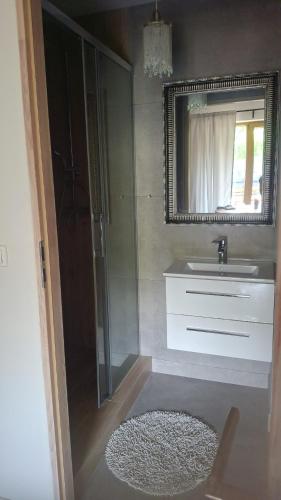 a bathroom with a shower and a sink and a mirror at Apartament na Wzgórzu in Wieliczka