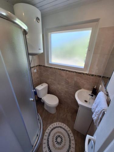 a bathroom with a toilet and a sink and a window at Jūras sāga in Pāvilosta