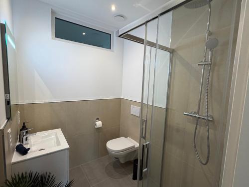 a bathroom with a shower and a toilet and a sink at Idar Apartments 11 in Idar-Oberstein