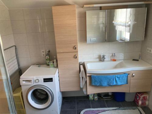 ein Badezimmer mit Waschmaschine und Waschbecken in der Unterkunft Alb-Blick in Göppingen