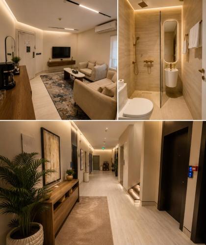 two pictures of a living room and a bathroom at فندق وايت ويفس White Whiffs Hotel in Ad Darb