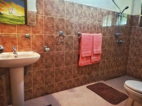 a bathroom with a sink and a shower with red towels at MF Holiday Bungalow in Bandarawela